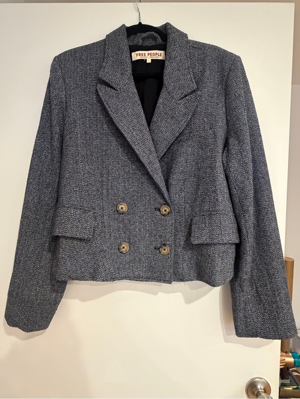 Free People Gray Herringbone Double-Breasted Blazer Jacket